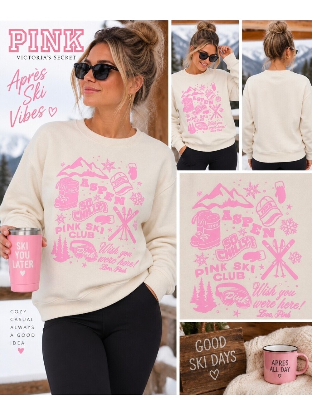 PINK Victoria’s Secret Aspen Ski Club Graphic Crewneck Sweatshirt Cream Pink